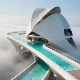 highly detailed futuristic architecture by antoni gaudi and salvador dali, sky bridge, turquoise water, ground - level view, foggy atmosphere, stunning sunny lighting, sunrise, vivid colors, in the style of pixar animation, trending on artstation, 8 k, matte painting, ray tracing, hyper detailed, unreal engine 5, cinematic, epic lighting, cryengine, octane render, cyberpunk, red and orange glow, vibrant