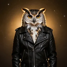 front of owl wearing black biker jacket, portrait photo, backlit, studio photo, golden ratio, starry background