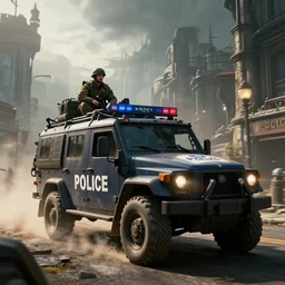 a militarized police vehicle riding through an orwellian town, action scene, an epic fantasy, dramatic lighting, cinematic, establishing shot, extremely high detail, photorealistic, cinematic lighting, artstation, by christopher nolan, horizon forbidden west