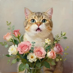 painting of a surprised cat at a flowers arrangement
