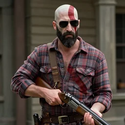 film still of Kratos as Nada wearing a flannel shirt and sunglasses and holding a shotgun with a bandolier in Bank scene in They Live 1988
