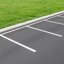 a road 5 m wide, a parking spot with an old timer, featuring a grass field