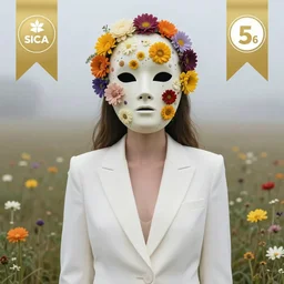 A portrait photo of a woman wearing a white suit with a strange mask on his head in the field, behance contest winner, award winning, masterpiece, pop surrealism, made of flowers, surrealist, misty foggy atmosphere, Close Up (CU) Sigma 150-300mm f/5.6