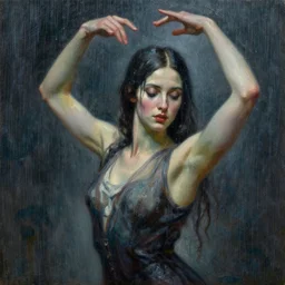 highly detailed painting of a beautiful young woman, dancing in the rain, intricate, high quality oil painting artstyle, in the style of leonid afremov, deviantart, figurative art, deviantart, ilya kuvshinov, lovecraftian, very detailed face, portrait