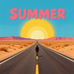 Summer Dream, retro, desert highway, lone ranger, retro colors, bold colors, drawn by Sandra Chevrier, 8k, digital art, artstation
