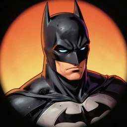 hyper detailed comic illustration of a Nanopunk anime Batman, markings on his face, by by Android Jones intricate details, bright vibrant colors , solid background, low angle fish eye lens