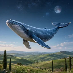 highly detailed cinematic fantasy render of a flying whale over the tuscany skies, cypresses and hills, stars and planets, hyper detailed, digital art, led lighting, studio quality, smooth render, unreal engine 5, octane render, trending on artstaion.