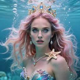 “ natalie portman portrait, fantasy, mermaid, hyperrealistic, game character, underwater, highly detailed, sharp focus, cinematic lighting, pearls, glowing hair, shells, gills, crown, water, highlights, starfish, jewelry, realistic, digital art, pastel, magic, fiction, ocean, king, colorful hair, sparkly eyes, fish, heroic, goddess, waves, bubbles, queen ”