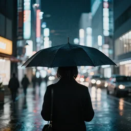 a moody 2 0 0 mm shot of an umbrella in a rainy tokyo night, neon lights, photography