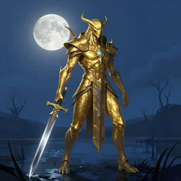 golden dark fantasy creature holding obsidian longsword, moonlight sky, dark blue swamp, style by anato finnstark, artstation