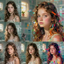a beautiful collage by patrick bremer of a girl portrait in a glitched bathroom, pixel sorting, color bleeding, brushstrokes by jeremy mann