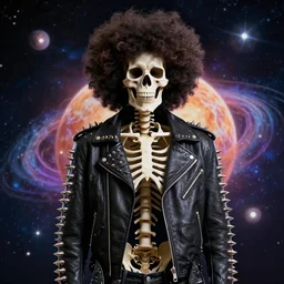 skeleton with an afro wearing a spiked leather jacket, spacey, solar system background