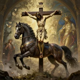 apocalypse war, antichrist, horse, christ on cross, unreal engine 5, cinematic, extremely detailed, 4 k, greg rutkowski and alphonse mucha, trending on artstation