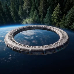 intergalactic stargate portal on a planet with a forest in the background by russell dongjun lu