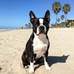 Boston Terrier sitting on a beach on a sunny day, sky is blue, palm trees are on the beach