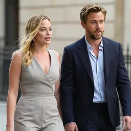 still of ryan gosling and margot robbie, walking in human face