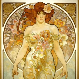 a beautiful curvy symmetrical woman, sensuality, wrapped in flowers, art by  Charlie Bowater, Alphonse Mucha, Tom Bagshaw