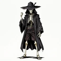 a full body shot of a Grim Reaper by Takeshi Obata, skeleton face,wears shorts, wears a destroyed hat ,highly detailed,artstation,manga