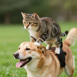 cat riding a dog