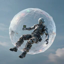 a cybernetic symbiosis of a filthy gamer floating gently down from the sky and a plastic wrapped bubble. aerial footage. he is wearing a gameboy on his hands. wide lens
