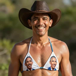 a man wearing a very tall cowboy hat with a big grin on his face, he is sweating and wearing a bikini with barack obama's face on it.