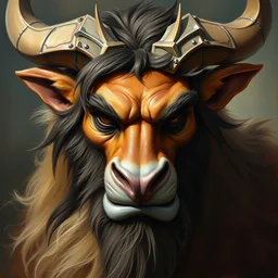 oil painting of a tauren, in style of ivan aivazovsky, expressive face, detailed face, detailed eyes, full body, feminine face, tracer overwatch,