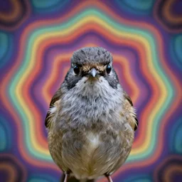front facing bird staring two eyes directly into camera with psychedelic background