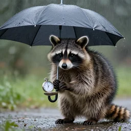 raccoon with an umbrella in the rain look at the pocket watch, by leonid afremov