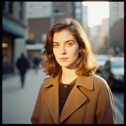 golden hour woman portrait photographed with analog medium format fuji gw 6 9 0 in new york, 1 9 6 0 s film street photography, vintage expired colour film bokeh photograph