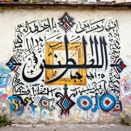 arabic calligraphy with elements of transylvanian folk art, in the style of graffiti, made by jean michel basquiat