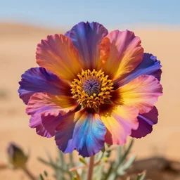 close photo of a colorful flower, in a desert, professional photo, trending on artstarion, photo studio, well detailed, 8k