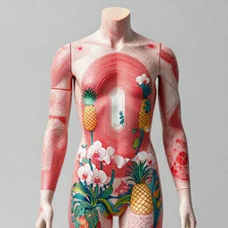 “ a beautiful mannequin covered in and red lined geometrical 3 d print, kintsugi, a portal to a new world, flowering pineapples and orchids, transcendent, vibrant color, clean linework, finely detailed, 4 k, trending on artstation, photorealistic, volumetric lighting, octane render, in the style of michael cheval ”