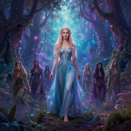 a full body portrait of a beautiful elfin woman leading her people to the safety of a new forest of dreams, liminal space, cosmic color scheme, greg rutkowski