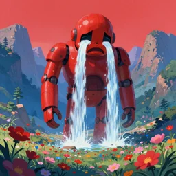 crying giant robot, waterfall falling out of his eyes, mountains in the background, flower meadow, valley, red and blue colors by Victo ngai, artstation