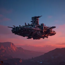 no man's sky freighter over forte belvedere, red and blue hour, by ismail inceoglu