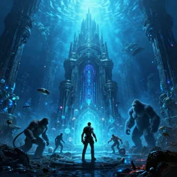 Blue. epic composition, ancient biomechanical temple, underwater, bioluminiscent, Tomb Raider (2018), tropical Island, Kong: Skull Island (2017), Lost series, Action, from jurassic World (2015), from pacific rim (2013) from King kong (2005), farcry, cryengine, cgsociety, ArtStation, by drew struzan, by James gurney