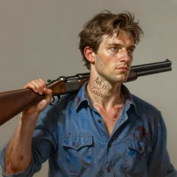 Bruce Campbell in a blue bloody shirt with a double-barreled shotgun on his shoulder, the inscription Ash is gaining neck on top, innocent, intricate, elegant, highly detailed, digital painting, artstation, concept art, smooth, sharp focus, illustration, art by artgerm and greg rutkowski and alphonse mucha