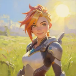 oil painting of tracer from the game overwatch, standing in grassy field, smiling while the sun shines down, feminine face, light rays, radiant quality, 4 k, brush strokes, anatomically accurate face, beautiful eyes, peaceful atmosphere, artstation,