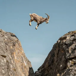by moebius and atey ghailan | a mountain goat flying an impossible distance through the air between two peaks |