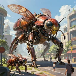 an intricate concept art, illustration, sci - fi mechanical large insect biomes in a street, megafauna, ultra photorealistic, pinterest, artstation, cgsociety, global illumination, pinterest, digital art, hyper detail, anime colors, style by feng zhu and tyler edlin, hyperrealistic octane render, 8 k