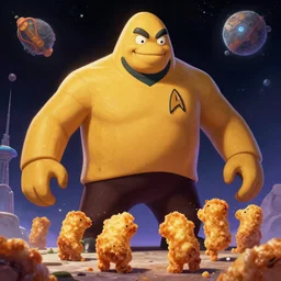 star trek engineer!, giant space monster anthropomorphic fried, in space eating each other