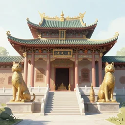 A beautiful temple in honor of ancient anthropomorphic Feline warriors by Simon Stalenhag | Graphic Novel, Visual Novel, Colored Pencil, Comic Book:.3 | unreal engine:.5 | establishing shot