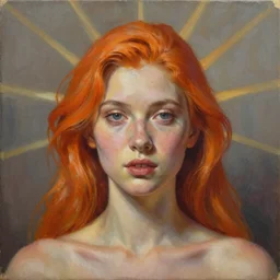 a symmetrical portrait of a beautiful orange - haired woman, face and shoulders, oil painting, intricate, aesthetic!!!!!, god rays, dramatic, ultra detailed