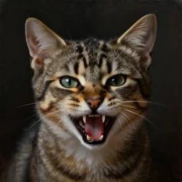 A dark, brooding oil painting of a snarling kitten, close-up, high-quality, professional, dramatic lighting, extremely high detail, trending on artstation