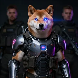 tactical military neon laser exoskeleton armor, realistic anthropomorphic shiba inu visible face, neon laser eyesight, science fiction, dark, portrait by donato giancola and greg rutkowski and wayne barlow, realistic face