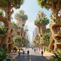 futuristic city made of wood, buildings made of giant trees, street view, busy urban centre full of anthropomorphic people, organic engineering, lush flora, beautiful render, volumetric lighting, haze, raytracing, 8 k
