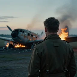 a photograph of a ww 2 airmen pilot from behind. in the background there is a burned down plane with smoke and fire at dusk by christopher nolan. cinematic shot. cinematography. detailed. hq. in - frame. imax. anamorphic film. anamorphic bokeh!!. helios 4 4 m.