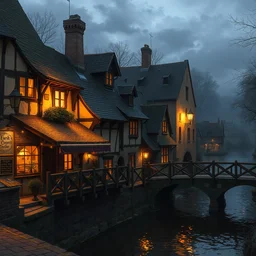 beautiful warm tavern seen from the outside, middle age, river crossed by a bridge next to the tavern, crepuscular light, trending on artstation, sharp details