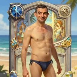photography of mr bean in bikini at the beach, deep focus, d & d and mtg, fantasy, intricate, elegant, highly detailed, digital painting, artstation, concept art, matte, sharp focus, illustration, hearthstone, art by artgerm and greg rutkowski and alphonse mucha