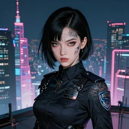 portrait chill black hair of futuristic symmetrical face female police, black armored uniform, tatoo, at rooftop futuristic cyberpunk feel tokyo, ssci - fi and fantasy, neon light, intricate and very very beautiful, digital painting, artstation, concept art, smooth and sharp focus, illustration, art by tian zi and wlop and alphonse mucha, frostbite engine
